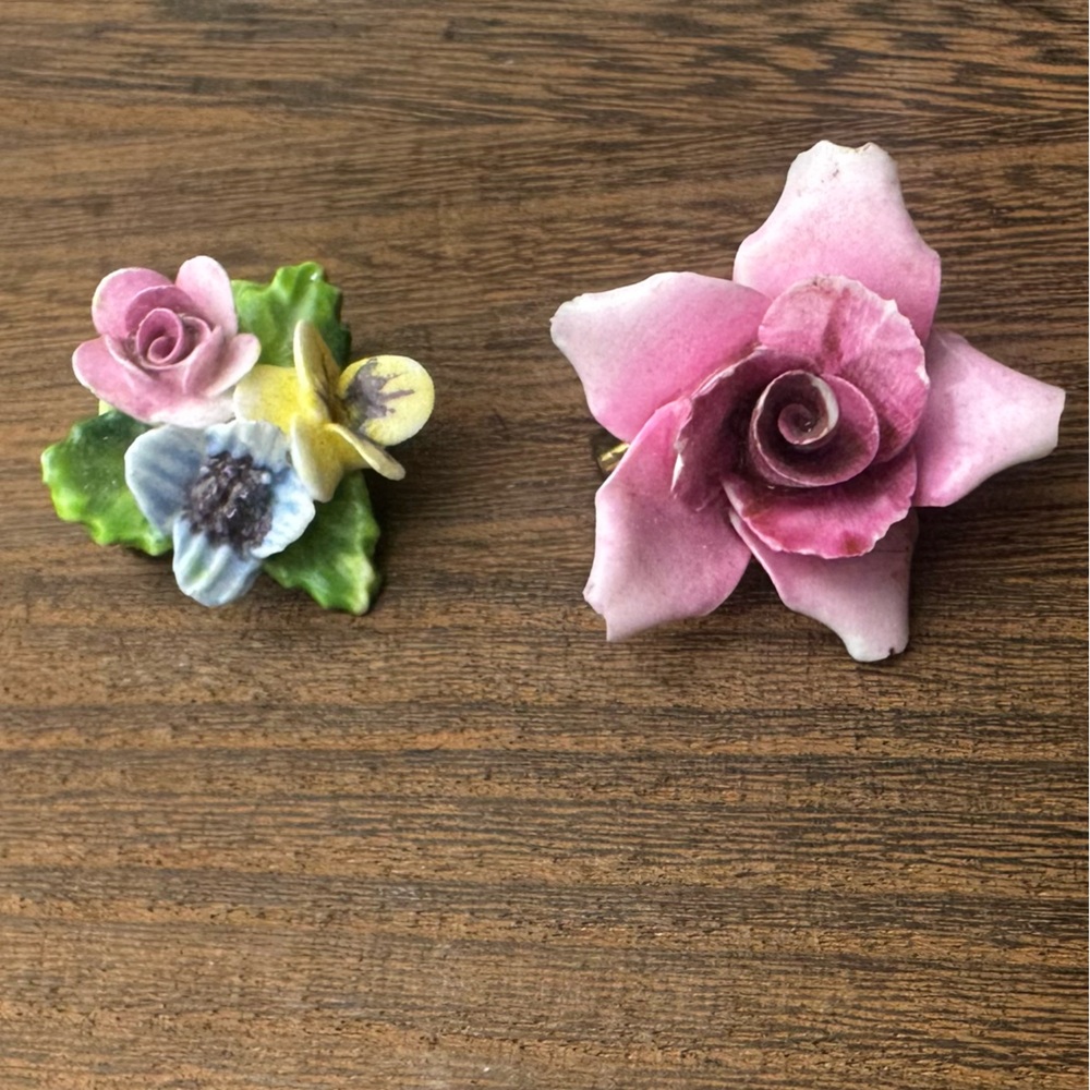 Vintage Lot Of 2 Small Gorgeous Cottage Core Feminine Floral Bone China Brooches